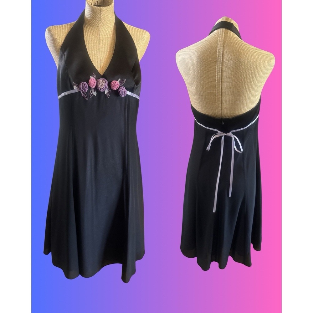 Vintage Y2K London Times Dress Black Purple Halter Fairy Girly Rosettes Size 10